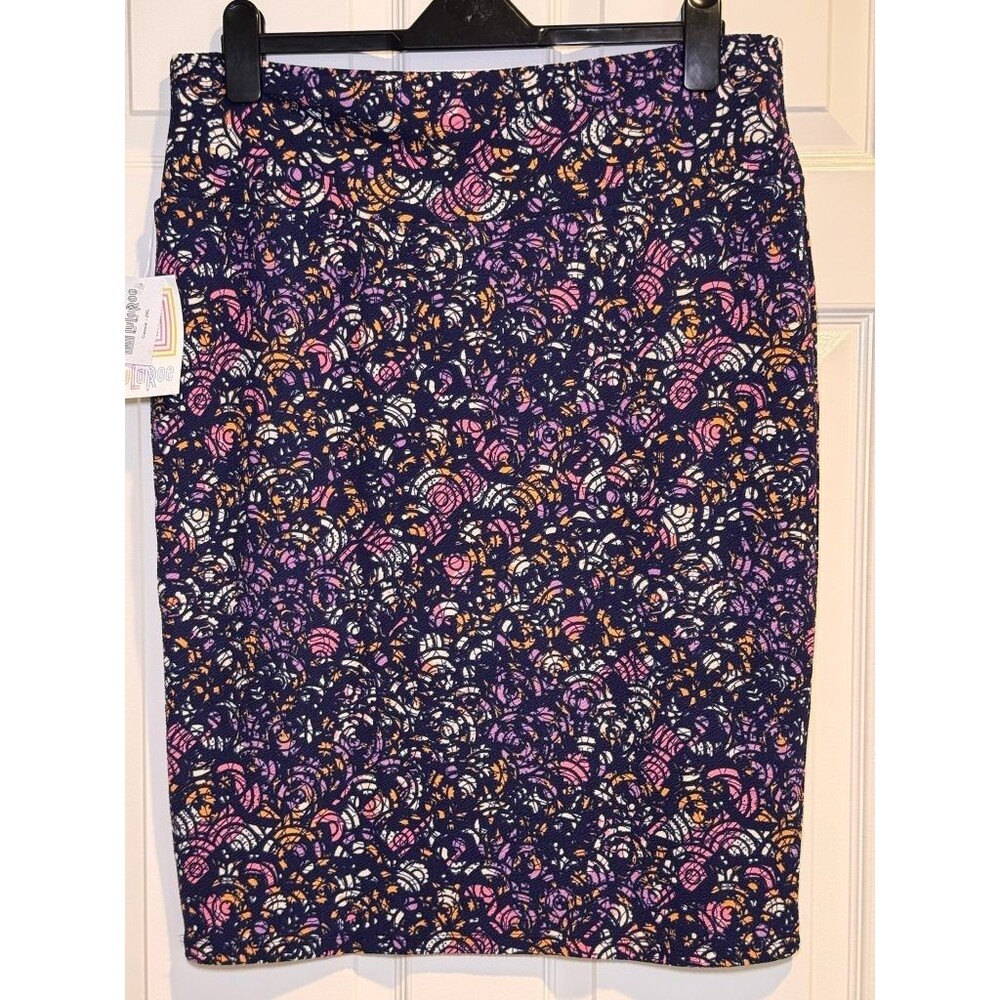 LuLaRoe Cassie Pencil Skirt 2XL Navy Pink Orange Abstract Print NWT Textured